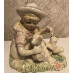CB 4" Little Girl Playing Cat & Kitten Porcelain Collectible Figurine Pastel VTG
